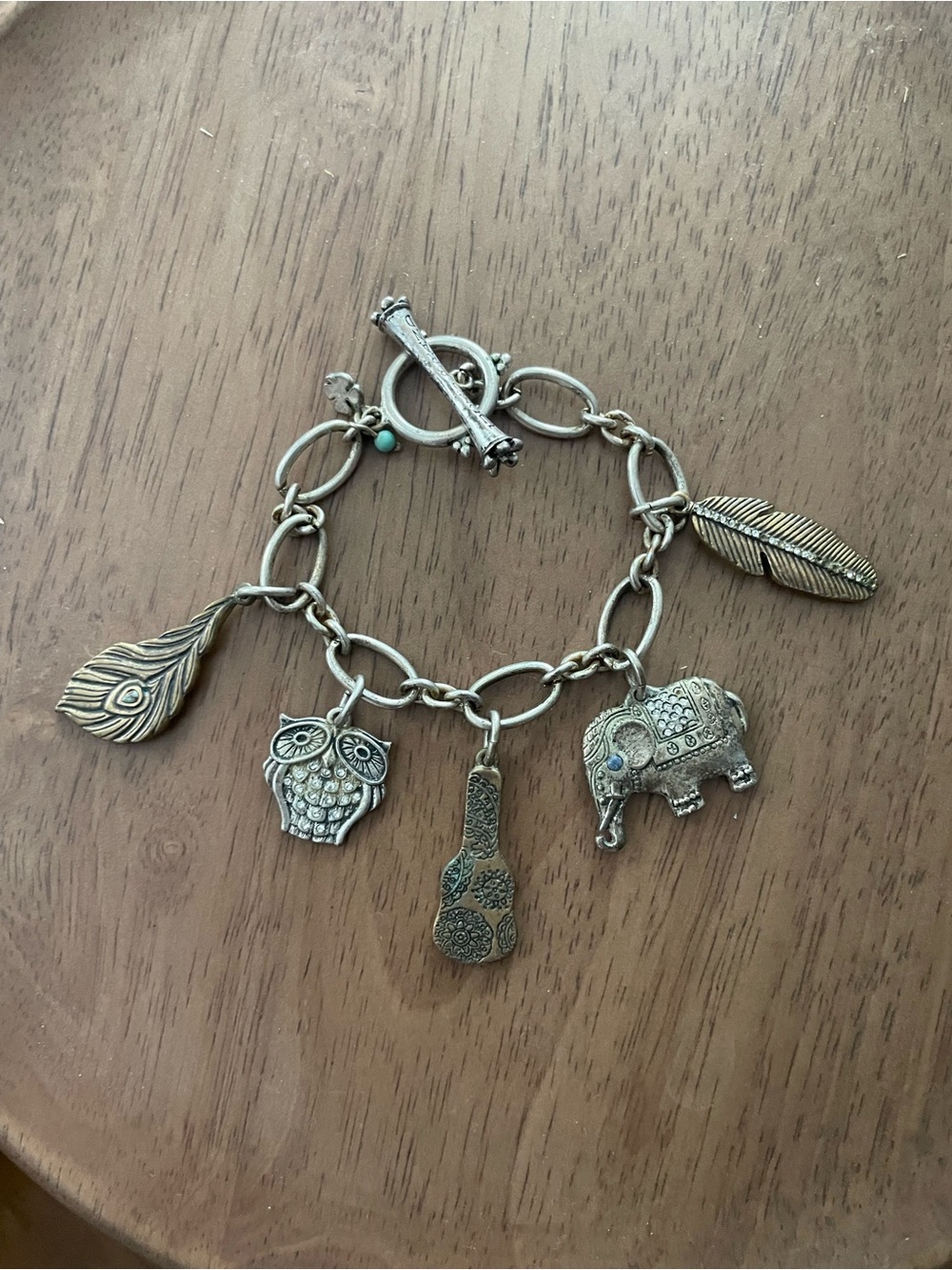 Lucky Brand Boho Silver-Tone Charm Bracelet w/ Owl, Elephant, Guitar & Feathers